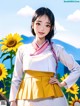 A woman standing in front of a field of sunflowers.